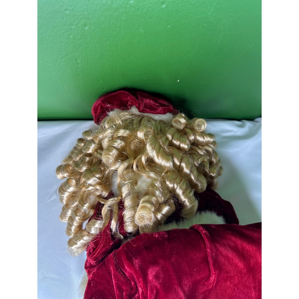 Vintage Porcelain Holiday Doll Burgundy Velvet Plaid Dress Faux Fur Trim Blonde - Picture 7 of 7
